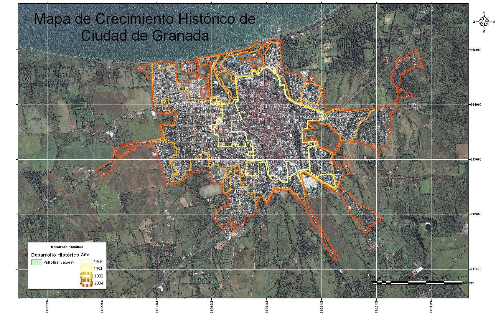 Crecimiento Histórico de la ciudad de Granada, Nicaragua. Elaboración propia.