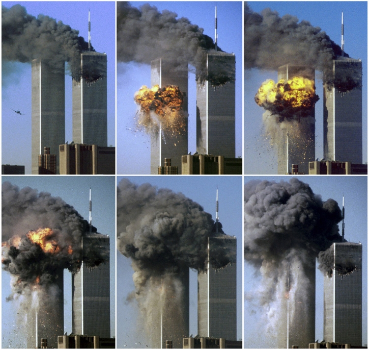 ATTENTION EDITORS - THIS FILE PICTURE IS ONE OF 83 TO ACCOMPANY THE TENTH ANNIVERSARY OF THE SEPTEMBER 11 ATTACKS. SEARCH FOR KEYWORD "9/11" TO SEE ALL THE IMAGES (PXP901-PXP983) A combination photo shows United Airlines Flight 175 impacting the south tower of the World Trade Center in New York in this September 11, 2001 file photo. September 11th marks the 10th anniversary of the 9/11 attacks where nearly 3,000 people died when four hijacked airliners were used in coordinated strikes on the Pentagon and the World Trade Center towers. The fourth plane crashed in Pennsylvania. REUTERS/Sean Adair/Files (UNITED STATES - Tags: CRIME DISASTER ANNIVERSARY)