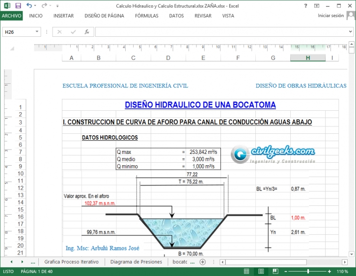 Hoja Excel para diseño de una Bocatoma Ing Msc Arbulú Ramos José CivilGeeks.com