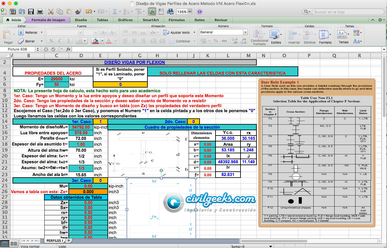 Solitario hemisferio retirada Plantilla Excel para el Diseño de Vigas de Acero por flexión (Metodo LRFD)  | CivilGeeks.com