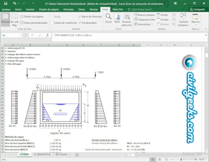 Excel para Diseño Estructural Alcantarilla Sección Rectangular
