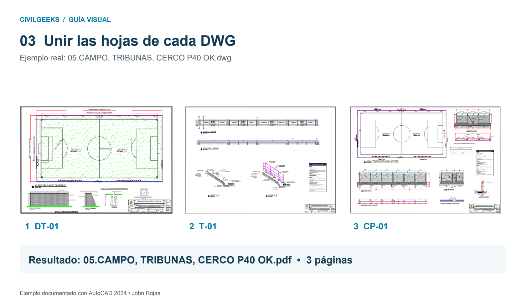 Tres layouts reales del archivo de campo, tribunas y cerco reunidos en un PDF de tres páginas.