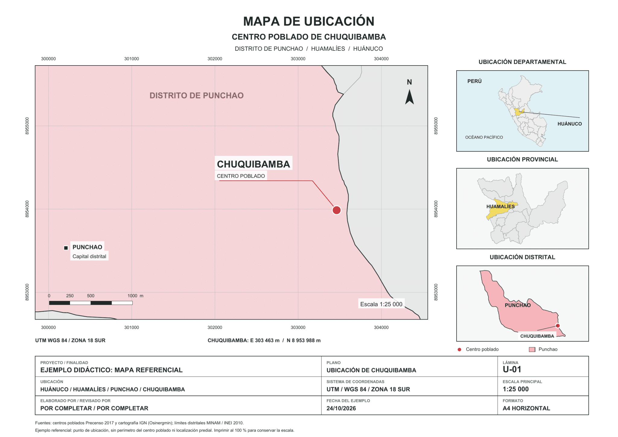 Plano de ubicación de Chuquibamba, distrito de Punchao, con coordenadas UTM, mapas de referencia y membrete