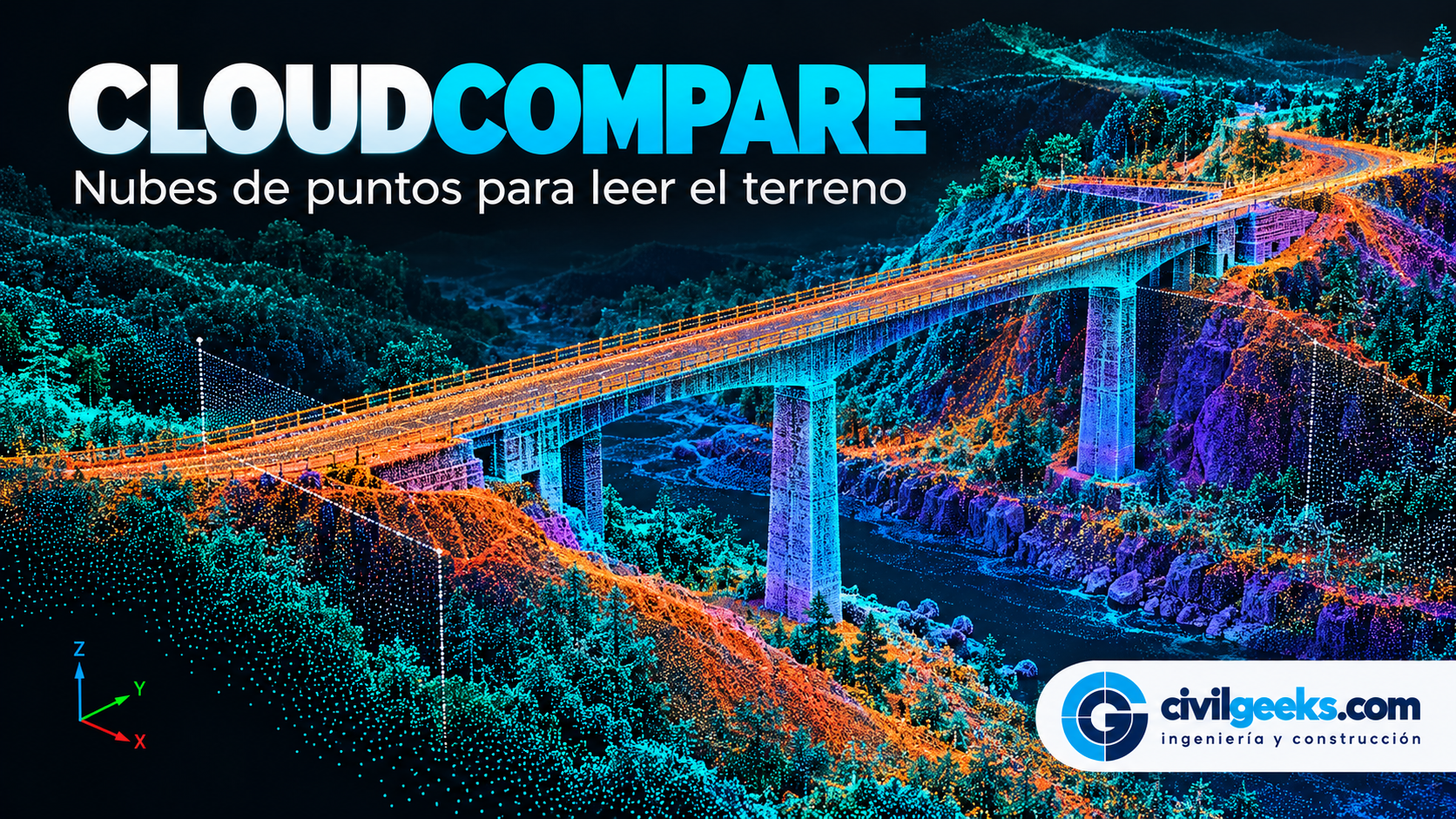 Portada de CloudCompare: nube de puntos 3D de un puente y ladera con el logo de CivilGeeks
