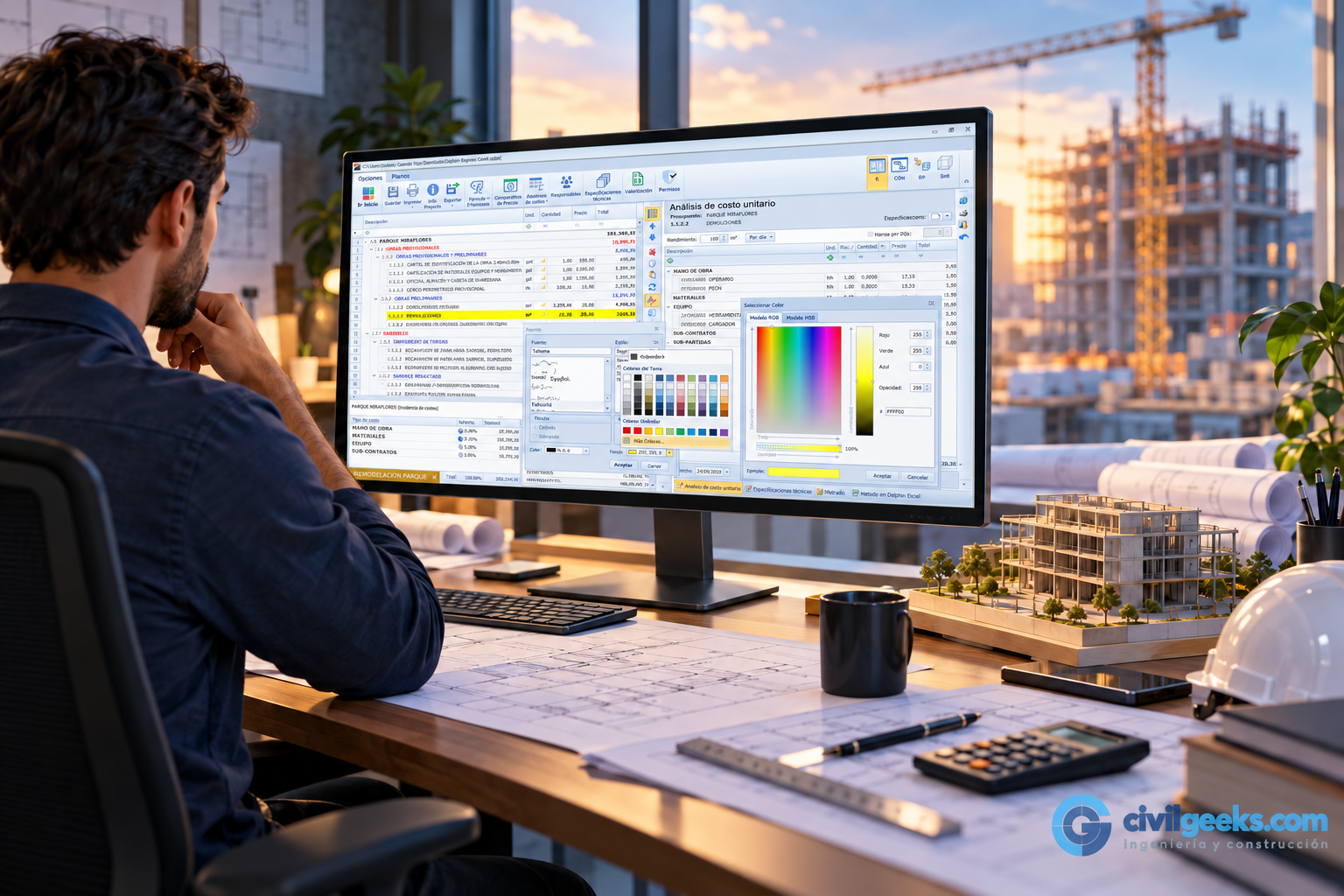 Portada editorial: ingeniero civil frente a un monitor con Delphin Express y marca de agua de CivilGeeks