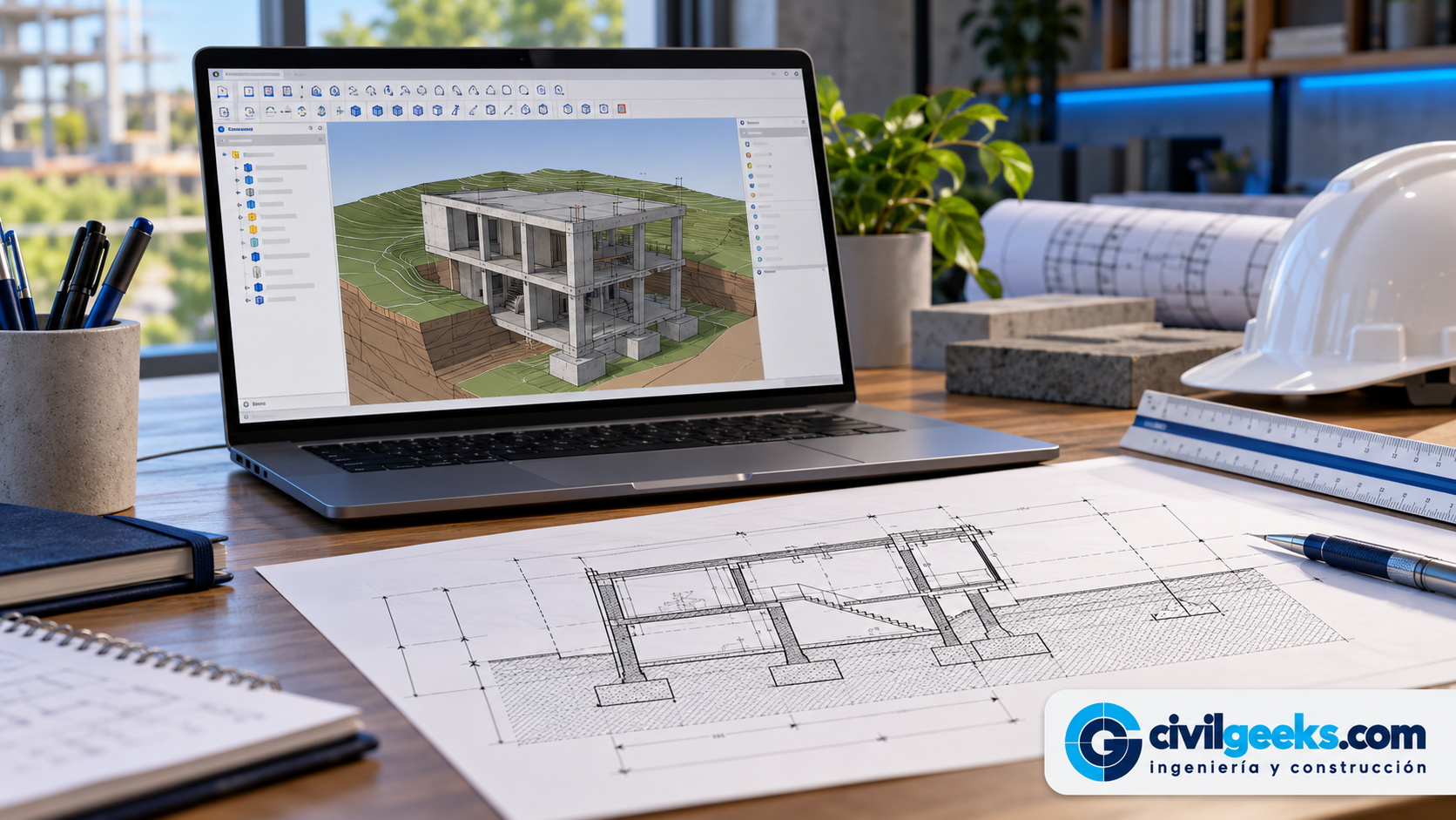 Modelo 3D de una edificación y una lámina técnica junto al logo de CivilGeeks