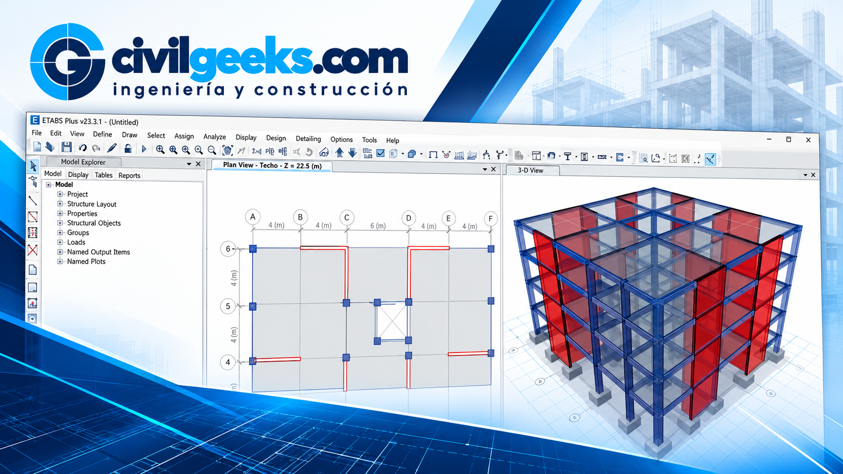 Portada CivilGeeks con un modelo estructural tridimensional en ETABS, basada en una miniatura del canal de Alex Henrry Palomino Encinas.