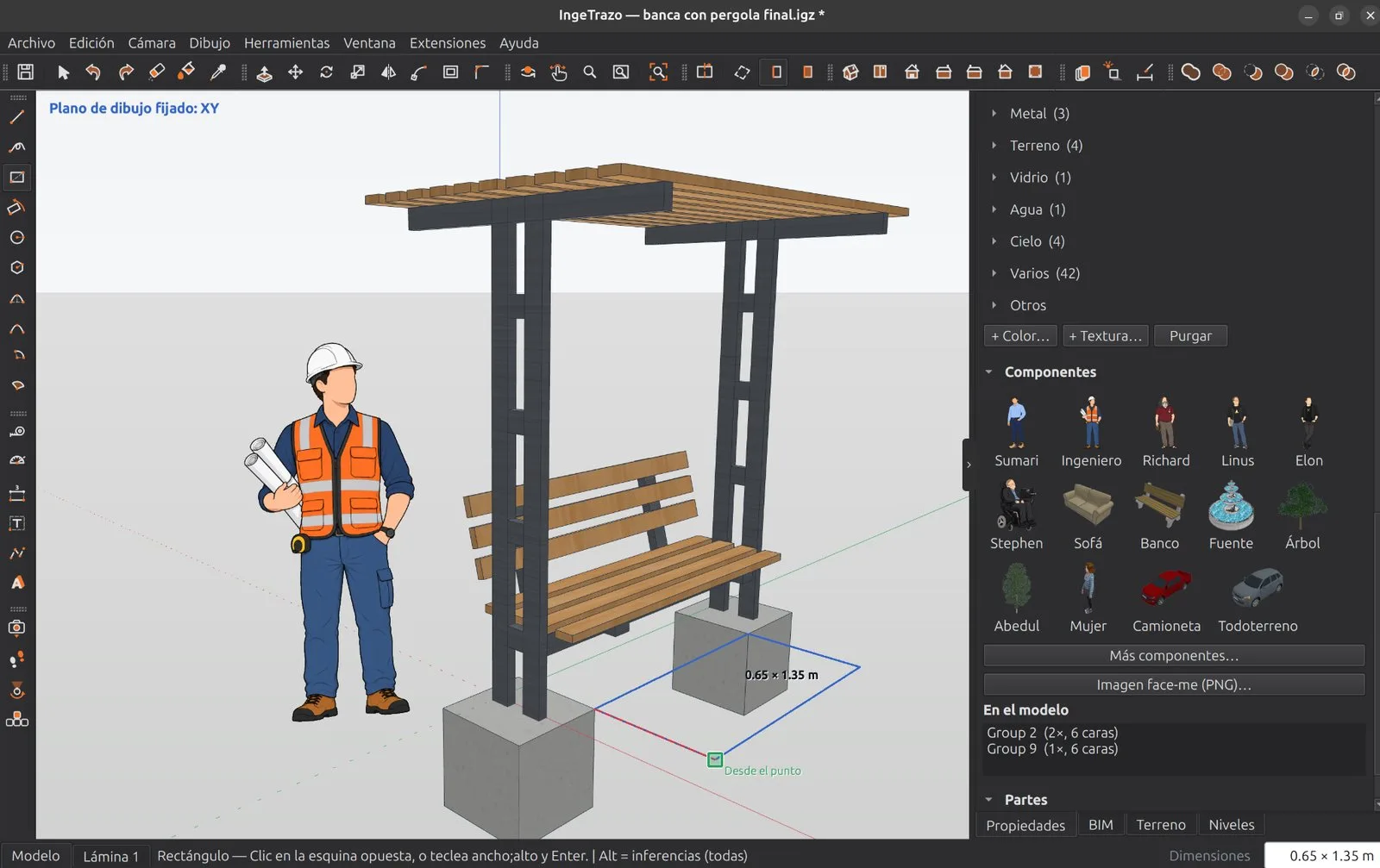 Modelado de una banca con pérgola en IngeTrazo mediante herramientas de dibujo y medidas