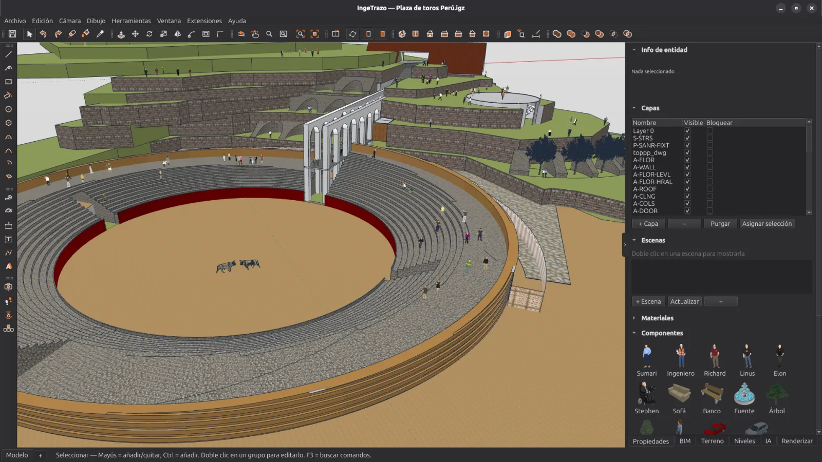 Interfaz de IngeTrazo con un modelo tridimensional de una plaza de toros